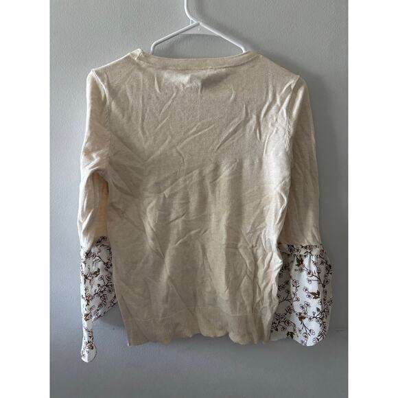 LOFT Womens Crewneck Pullover Sweater Size XS Cream Floral Sleeve Office Neutral - Picture 2 of 6